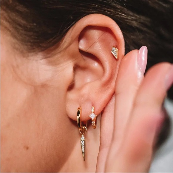 NWT 18K Gold Plated, 925 Sterling Silver Huggie Hoop Dangling Sword Earrings - Picture 4 of 12